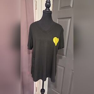 Black V-Neck T-Shirt with Yellow Heart Patch Softball Mom